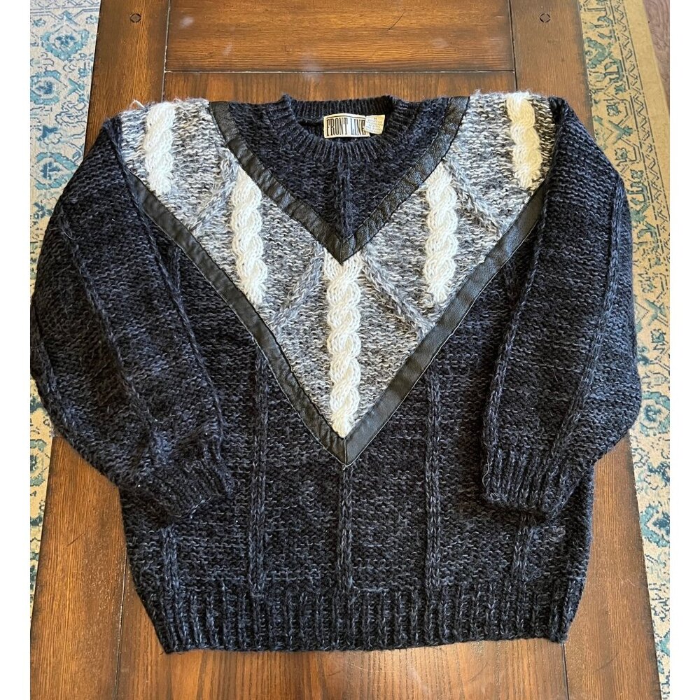 Vintage Front Line Chunky Cable Knit Crew Neck Sweater Leather Trim 80s Medium - Picture 1 of 6
